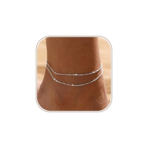 Silver/Gold Anklets for Women, Sterling Silver Evil Eye Ankle Bracelets for Women Trendy Dainty Waterproof Anklets Set Adjustable Layered Anklet Bracelets for Women Silver Jewelry Gift - style: SquarePoint-Silver