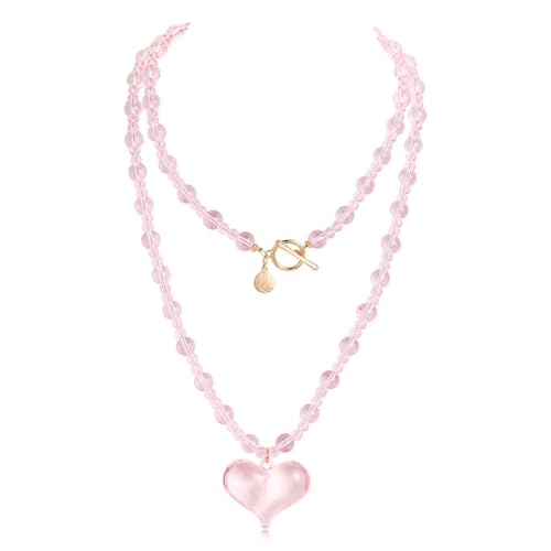 Coiris Chunky Heart Necklace for Women Statement Beaded Pendant Boho Christmas Necklace Gifts for Women - color: Pink, size: Long
