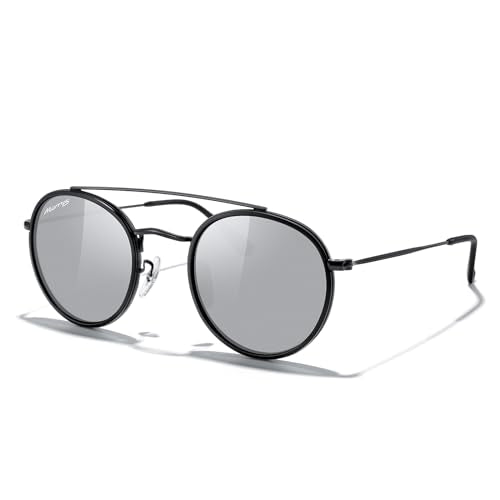 MERRY'S Retro Round Polarized Sunglasses - Unisex Double Bridge Sun Glasses - color: Matte Black Frame/Matte Black Bridge/Silver Mirror Lens