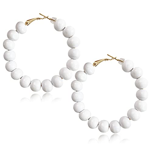 Handmade Nature Wooden Beaded Hoop Earrings Bohemian Minimalist Colorful Circle Round Wood Bead Earrings Vintage Chic Wooden Ethnic Dangle Drop Earrings for Women Statement Jewelry Gifts - color: White