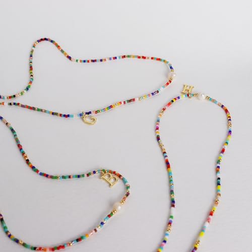 Colorful Pearl Beaded Initial Choker Necklaces for Women, Boho Handmade Personalized Seed Beads Letter Name Necklace Beach Surfer Bohemian Jewelry Gift - color: Y