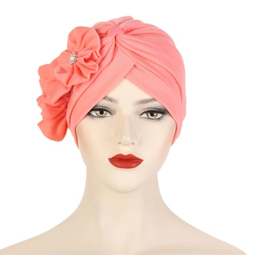 Flower Turban Hats for Women - Ruffle Bead Stretch Solid Caps Chemo Cancer Pre Tied Headscarf Headwear - color: Watermelon Red