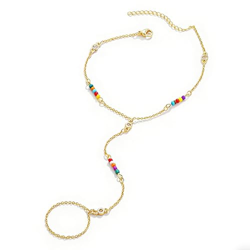 Hand Chain Bracelets for Women - 14K Real Gold Plated Dainty Stackable Paperclip Link Bracelets Hand Chain Bracelet Ring Gold Bracelets for Women Trendy - color: Colorful CZ Hand Chain