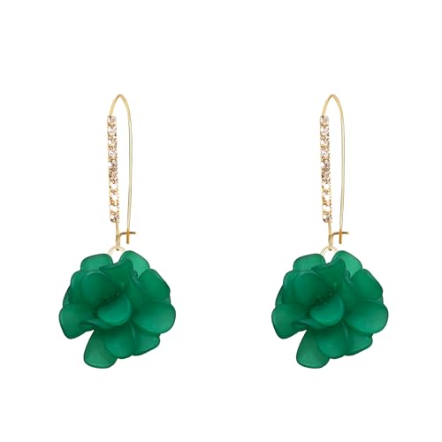 Boho Flower Dangle Earrings for Women Long Drop Resin Acrylic Tiered Petal Statement Earrings Handmade Lightweight Vintage Floral Chunky Drop Jewelry - color: Green