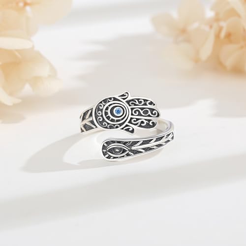 Vito 925 Sterling Silver Adjustable Open Spoon Ring for Women Men, Lotus Sunflower Snake Spoon Band Rings Feather Hug Witches Knot Inspirational Jewelry Gift for Wife - style: Evil Eye