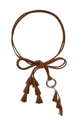 TeeYee Women Girls Multi Colors Braided Waist Tie Belt/Rope/Chain with Tassel Fringe Wrap Cloth Belts for Ladies Dress Pants - color: 286coffee