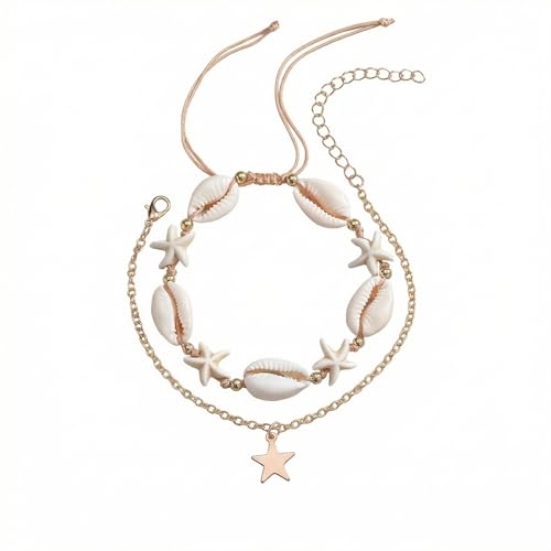 Boho Beads Beach Layered Anklet Set for Women, Handmade Gold Starfish Pearl Shell Anklets Summer Ocean Accessories Jewelry Gift - color: Shell Star