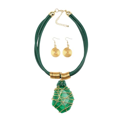 Ethnic Crystal Rhinestone Pendant Necklace Earrings Set Women Handmade Tribal Collar Choker Chunky Metal Bib Rope Chain African Statement Jewelry Set - color: N1505-green