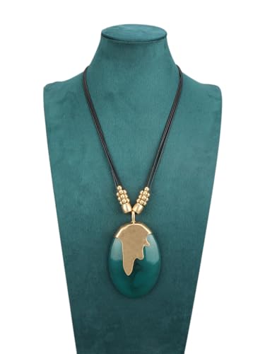 GelConnie Long Necklaces for Women Boho Large Pendant Necklace Casual Bohemian Brown Leather Choker Sweater Circle Statement Stone Necklace - style: Oval Green Stone Necklace