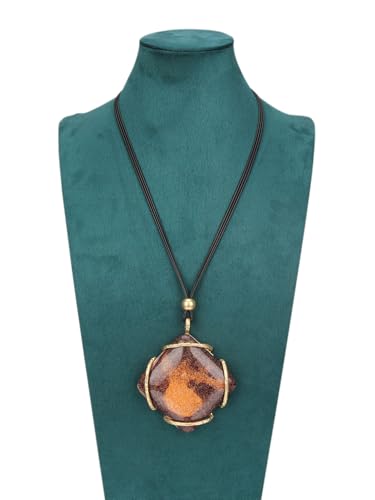 GelConnie Leather Necklace for Women Large Pendant Long Brown Necklace Circle Leather Choker Vintage Sweater Necklace Gold Chunky Boho Necklaces for Women - style: Brown Square Stone Necklace