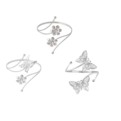COLORFUL BLING 3PCS Upper Arm Bracelet Gold Silver Chunky Cuff Bracelets Flower Butterfly Armband Set for Women Irregular Minimalist Open Wide Coil Band Bangle Boho Jewelry - style: Set 2