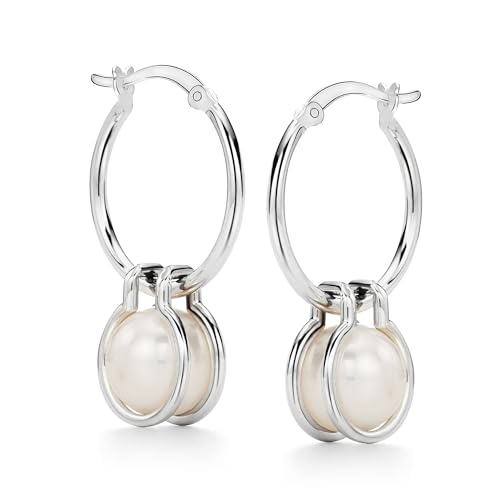 LeCalla 925 Sterling Silver Beaded Ball Hoop Earrings | Lightweight Sleeper Bead Ball Earring Hoops | Cape Style Hoop Earrings for Women - color: Freshwater Pearl Classic