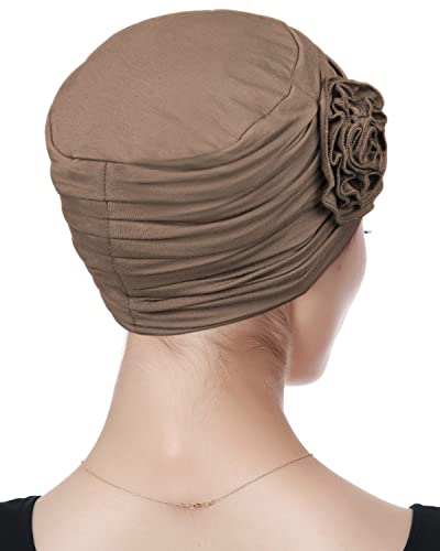 Alnorm Flower Design Chemo Hair Loss Caps Cancer Headwear for Women - color: Khaki