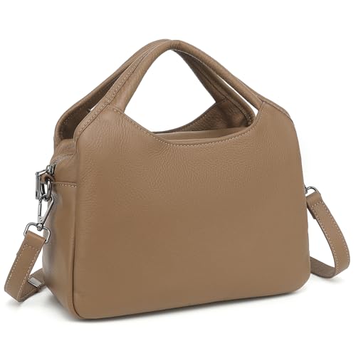 KOGTLA Medium Genuine Leather Purses for Women with Detachable Satchel Strap, Ladies Soft Handbags, Tote Hobo Bags - color: Khaki