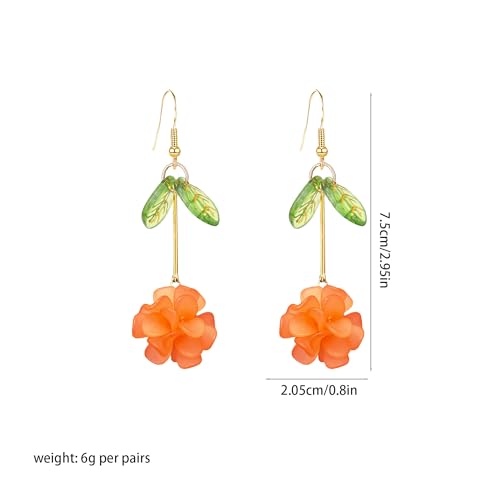 Resin Flower Cluster Ball Dangle Drop Earrings for Women Spring Summer Bohemian Floral Petal with Green Leaf Earrings Vacation Party Jewelry - color: Orange