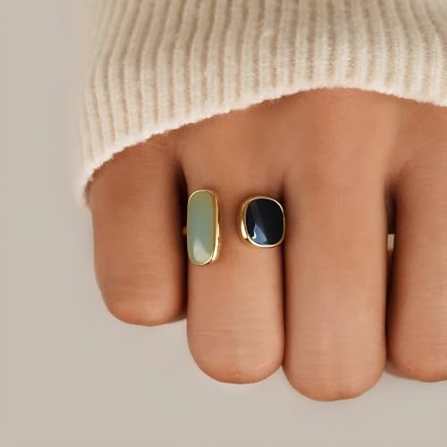 Q&D&S Minimalist Dual Stone Ring, Aquamarine Ring For Women,Bohemian Irregular Trendy Navy ring,Adjustable Vintage Blue Enamel Stacking Rings