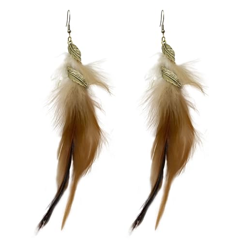 Feather Earrings for Women Bohemian Fringe Tassel Long Drop Dangle Earrings Lightweight Boho Statement earrings - color: brown