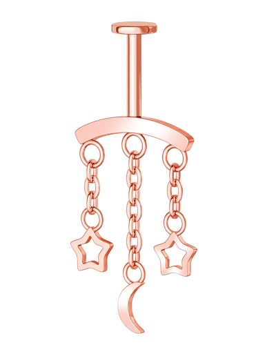 Crescent Moon Star Chain Vertical Hidden Helix Stud Earrings Dangle 316L Stainless Steel Flat Back Threadless Push-Pin Cartilage Rook Piercing Jewelry - color: ROSE GOLD
