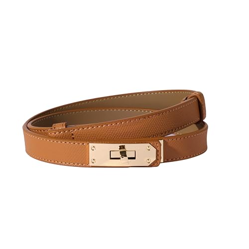 Ovekaut Women Skinny Leather Belt Solid Color Alloy Turn Lock Adjustable Waistband for Dresses Jeans Coats - color: Caramel