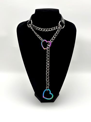 Black Leather Choker Collar For Women, Handmade Heart Slip Chain Choker Long Necklace with Adjustable Buckle - color: B-Black-Black-Rainbow, size: 18''chain
