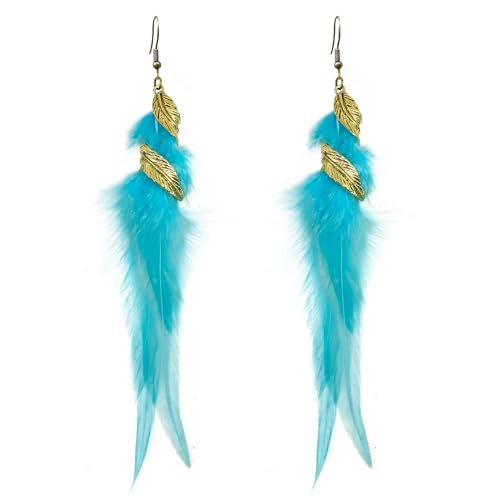 Feather Earrings for Women Bohemian Fringe Tassel Long Drop Dangle Earrings Lightweight Boho Statement earrings - color: lake blue