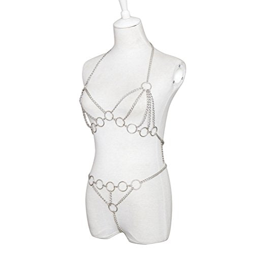 ADESUGATA Sexy Woman Tassel Body Harness Chain Cross Enticing Tassel Body Link Harness Metal Chain Sexy Lingerie Set - color: Silver