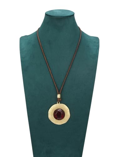 Bohemian Women's Leather Long Pendant Necklace Sweater necklace Adjustable Retro Woven Handmade Jewelry - color: Gold Red Stone