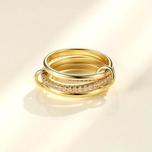 PATISORNA Gold Stackable Rings for Women Non Tarnish 18K Gold Plated Interlocked Stack Rings Set Silver Gold Mixed Metals Multi Ring Statement Thumb Rings Cubic Zirconia Connected Bands Fashion Jewelry Gifts - color: Thin Bands & CZ