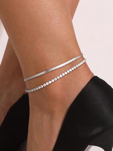 FindChic Black/Silver/Gold Plated Anklets Set of 2PCS/3PCS Herringbone Chain Cuban Link Heart Charm Sparkling Tennis Ankle Bracelets, Waterproof Summer Foot Jewelry for Beach - color: 04. Silver-2PCS Herringbone & Tennis