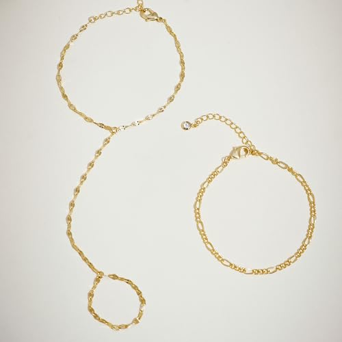 Gold Bracelets for Women Trendy, Dainty Gold Hand Chain Bracelets Stackable 14k Gold Plated Finger Ring Bracelet Hand Chain Cz Flower Layered Link Bracelets for Women Non Tarnish Jewelry Gifts - style: layered lips hand chain bracelet-gold