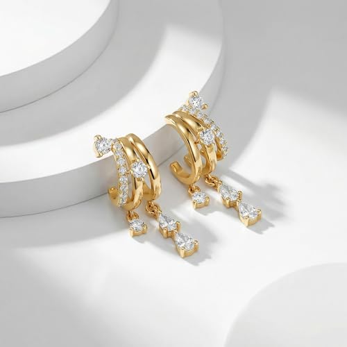 Triple Huggie Stacked Earrings for Women Gold Chain Drop Dangle Earrings Cute Statement CZ Earrings Trendy Dainty Jewelry Gift - color: Gold 6