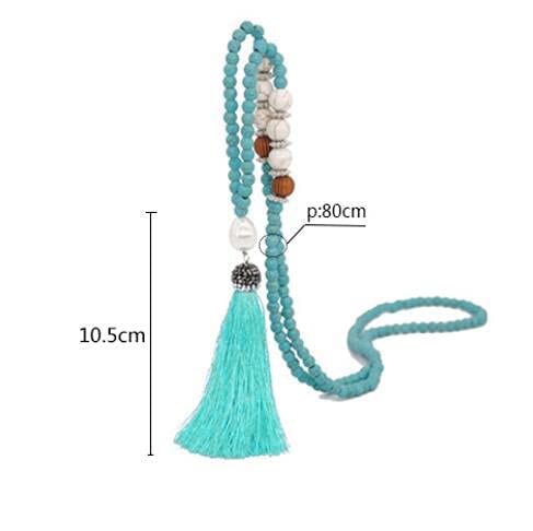 Handmade Multicolor Long Tassel Fringe Pendant Necklace Turquoise Pearl Crystal Mala Beads Necklace for Women Ethnic Boho Prayer Jewelry - color: blue green