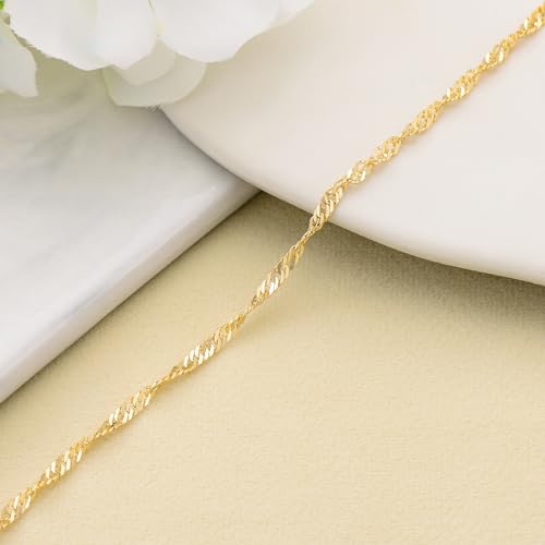 14K Yellow Gold 6-13 Inch 1.2mm-3.2mm Chain Bracelet Anklet for Women, Cuban Link Curb/Rope/Paper Clip/Round Snake/Herringbone/Bead/Water Wave, Thin Gold Chain Bracelet Durable Strong Real 14k Gold Chain Bracelet Anklet - color: 2.4mm Water Wave, size: 7i