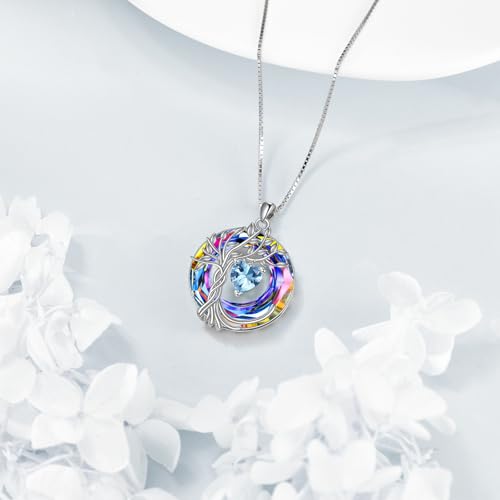 POPLYKE Mothers Day Gifts for Mom Her Wife Tree of Life Necklace 925 Sterling Silver Birthstone Pendant with Crystal Anniversary Birthday Wedding Jewelry for Women - color: 03-Mar-Aquamarine, style: White Gold Plated-Volcano Crystal