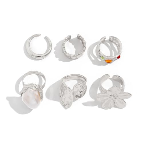Chunky Rings for Women Adjustable Thick Rings Set Trendy Statement Stackable Ring for Women Chunky Jewlery Irregular Dome Flower Finger Knkuckle Thumb Ring - style: Style 2