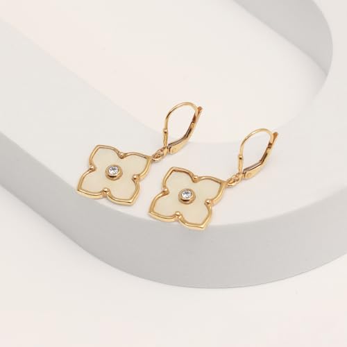LeCalla 925 Sterling Silver Leverback Drop Earrings | Lightweight Celtic-Knot Filigree Heart Teardrop Dangle Earring for Women's Gift for Her - color: Yellow MOP Clover CZ