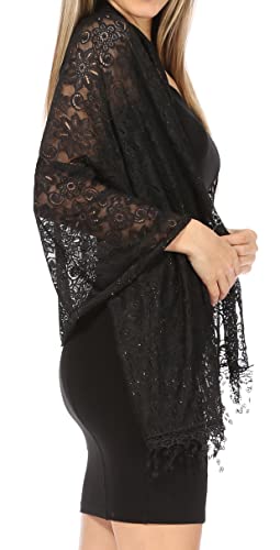 Sakkas Mari Women's Large Lightweight Soft Lace Scarf Wrap Shawl Floral and Fringe - color: Style8-black