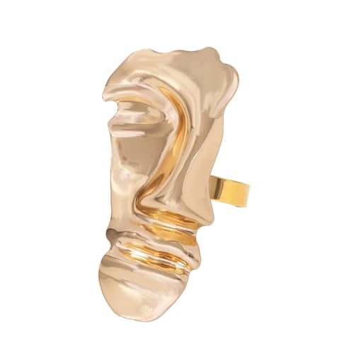 Dtja Vintage Human Half Face Statement Ring for Women Men Gold Plated Adjustable Expandable Large Wide Open Wrap Band Rings Comfort Fit Creative Artistic Birthday Graduation BFF Gift - color: Gold-Tone
