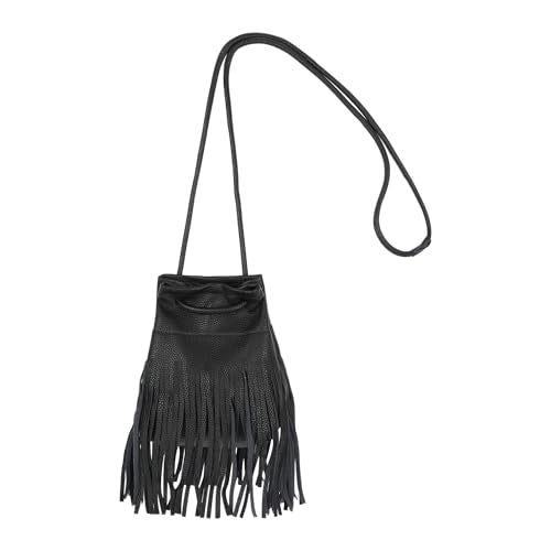 Women Leather Fringe Messenger Bag Mini Hobo Crossbody Tassel Shoulder Bags - color: Solid-black