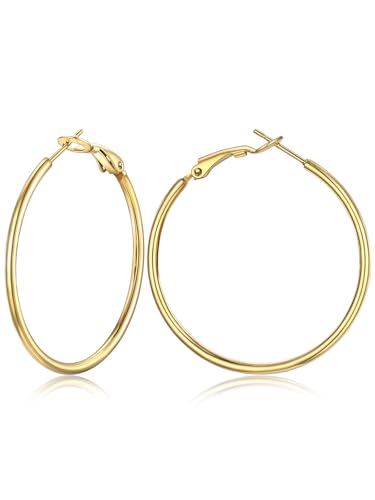 FOCALOOK 14K Gold Plated Lightweight Large Hoops| 2mm Thin Hoop Earrings for Women 30/40/50/70/100mm - color: 01.Gold, size: 40mm