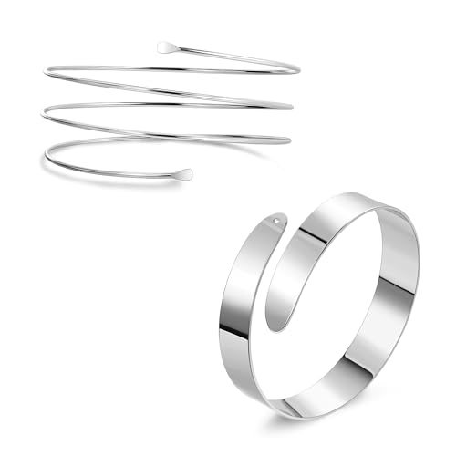 2Pcs Gold Arm Cuff for Women Adjustable Arm Cuff Bracelet Minimalist Open Coil Upper Arm Band Cuff Bangle Set - style: Silver D