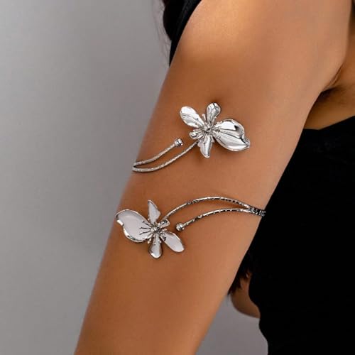 Arm Cuff Jewelry for Women Adjustable Flower Cuff Bangle Bracelet Gold Armband Upper Jewelry Gifts for Women Boho Western Accessories - color: B2:silver flower