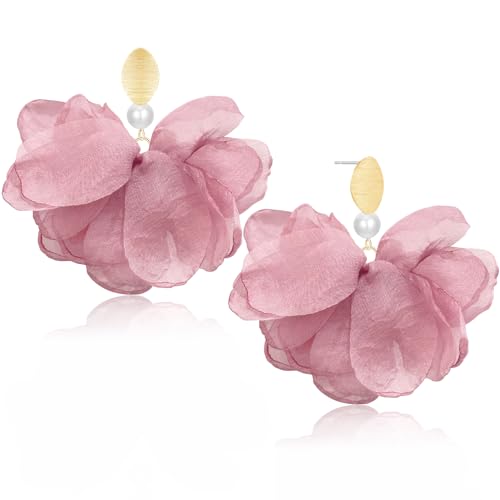 Handmade Fabric Flower Petal Fringe Dangle Drop Earrings Bohemian Floral Tassel Stud Earrings For Women - color: Pink
