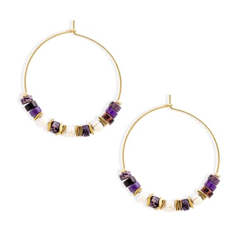 Natural Stone Beaded Hoop Earrings for Women, Boho Handmade Lightweight Hypoallergenic Trendy Summer Beach Accessories Fashion Jewelry Gift - color: Purple