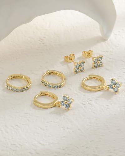 3 Pairs Gold Hoop Earrings Set for Women, Hypoallergenic 14K Gold Plated Huggie Earrings Stacks for Multiple Piercing Dainty Stud Earring Cartilage Birthstone Earring Women Jewelry Gift - color: 03. March(Aquamarine)