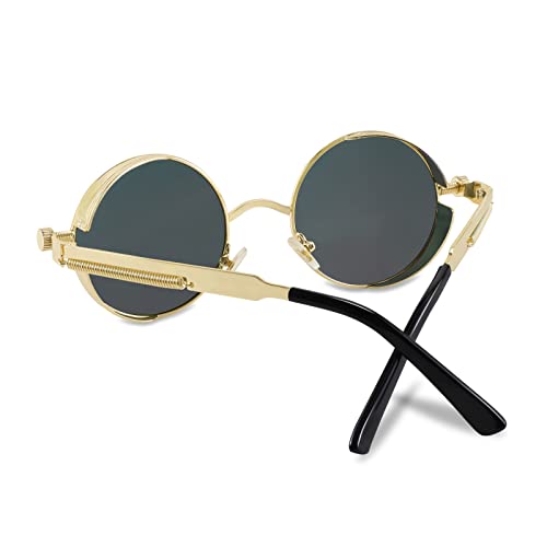 FEISEDY Retro Gothic Steampunk Sunglasses Round Metal Frame Punk Circle Inspired Shade Men B1857 - color: Gold/Red Mirrored