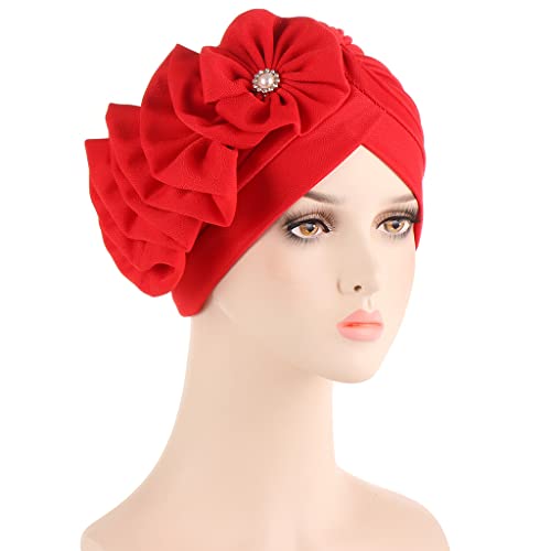 Flower Turban Hats for Women - Ruffle Bead Stretch Solid Caps Chemo Cancer Pre Tied Headscarf Headwear - color: Red