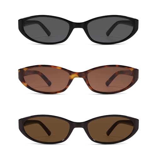 Retro Oval Sunglasses for Women Men Y2k Narrow Cat Eye Sunnies Skinny Shades AR82299 - color: A01 Black/Grey+tortoise/Brown+chocolate/Brown