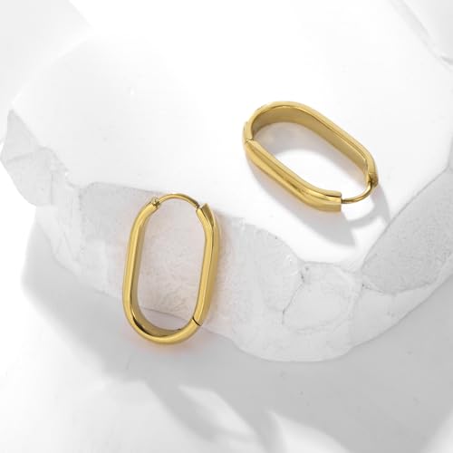 Stainless Steel Hoop Earrings for Women Gold Tone Geometric, Huggie Heart Twisted Minimalist Engraved Designs for Daily Wear - color: Gold-Oval02_25mm*15mm