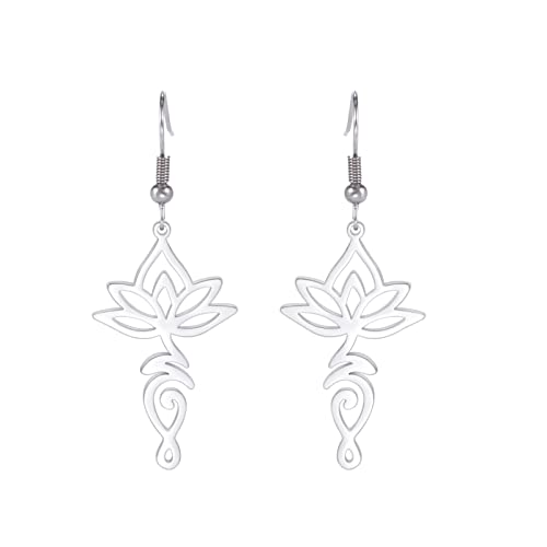 TEAMER Stainless Steel Lotus Flower Dangle Earrings Bohemian Drop Earring Unique Geometric Jewelry for Women - color: Lotus 5 - Steel Color